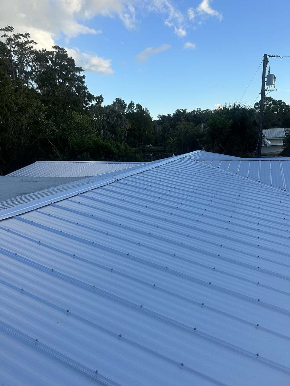 Metal roof installation viewed from above, showcasing a clear sky and surrounding trees.